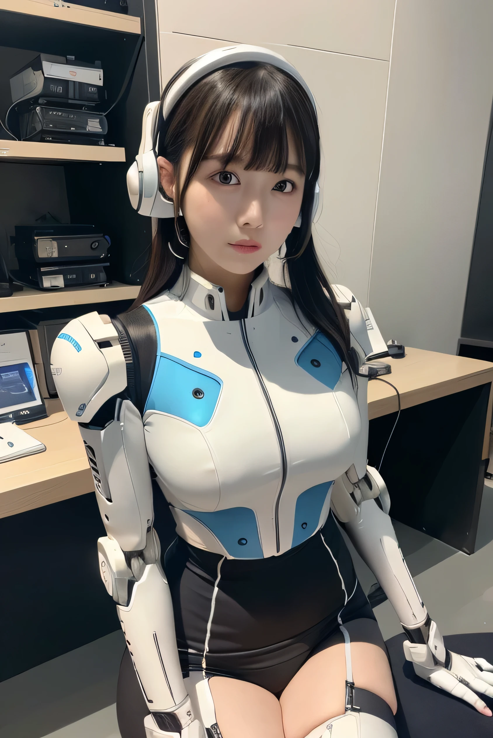 (Photorealistic:1.4), (Raw photo)masutepiece, Best Quality, Extremely detailed, (Photorealistic:1.4), (8K, 4K, Best Quality, hight resolution, 超A high resolution:1.1), 8K Portrait,1girl in, Japanese android girl,Plump , announcer,control panels,android,Droid,Mechanical Hand, ,Robot arms and legs, Black hair,Mechanical body,Blunt bangs,White Robotics Parts,perfect robot woman,Charging spot,Long Tube,A thick cable was connected to his neck.,ceramic body ,Mechanical body, mechanical ear covers,android,robot humanoid,a bit  Chubby,pantiy,complete eyes,Perfect machine body,White robot body,The laboratory of the future,android factory,mechanical ear covers,White and light blue uniform,light blue accent costume,