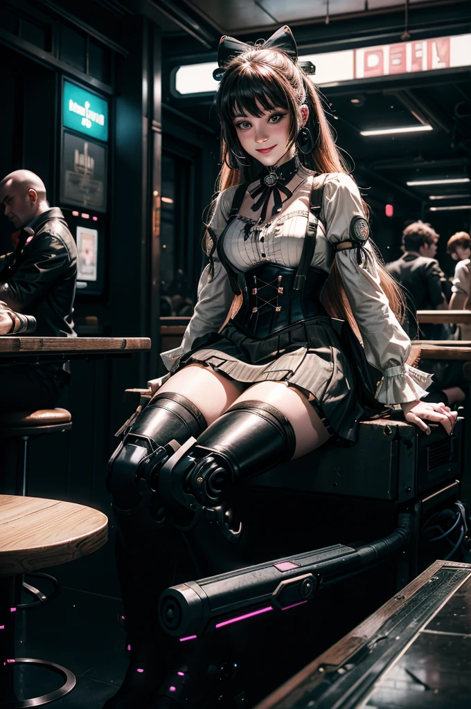 cowboy shot, smile, underbust, Penny Polendina, long hair, neck ribbon, suspender skirt, corset, black bow, white blouse, mechanical legs, neon trim, indoors, sitting in cyberpunk wine bar, crowd, (crowd wearing cyberpunk fashion)