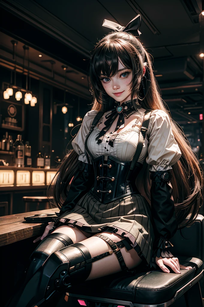 cowboy shot, smile, underbust, Penny Polendina, long hair, neck ribbon, suspender skirt, corset, black bow, white blouse, mechanical legs, neon trim, indoors, sitting in cyberpunk wine bar, crowd, (crowd wearing cyberpunk fashion)