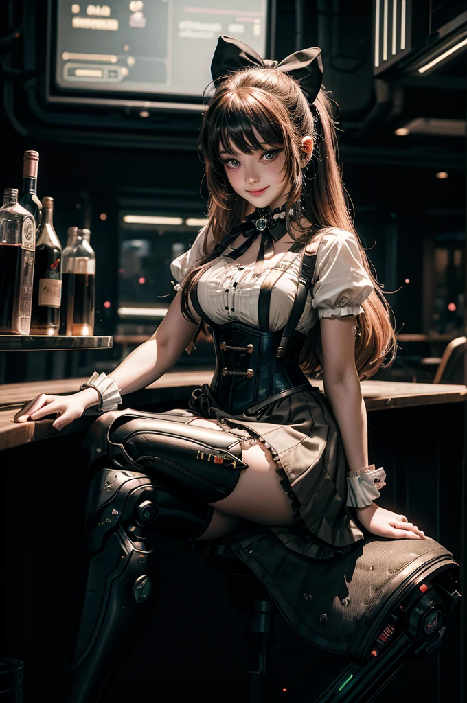 cowboy shot, smile, underbust, Penny Polendina, long hair, neck ribbon, suspender skirt, corset, black bow, white blouse, mechanical legs, neon trim, indoors, sitting in cyberpunk wine bar, crowd, (crowd wearing cyberpunk fashion)