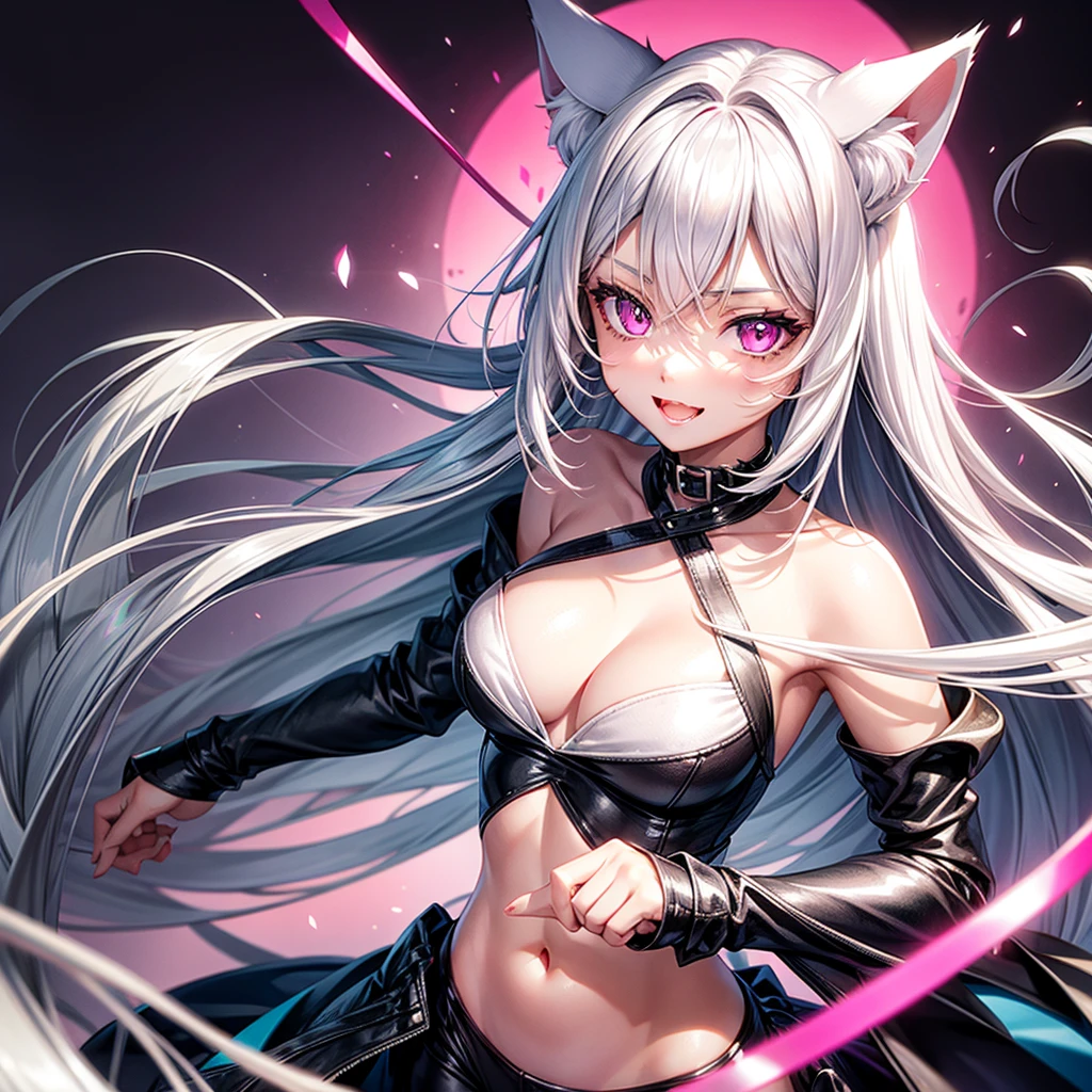 Silver hair, pink eyes, body, cat ears, woman,, cat background,, happy face