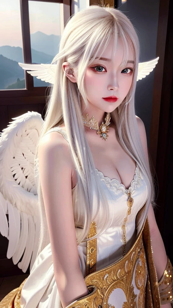 Masterpiece, Best quality, Ultra-detailed, illustration, Close-up, straight on, Face focus, 1girll, White hair, Golden eyes, Long hair, Halo, Angel wings, Serene expression, view the viewer