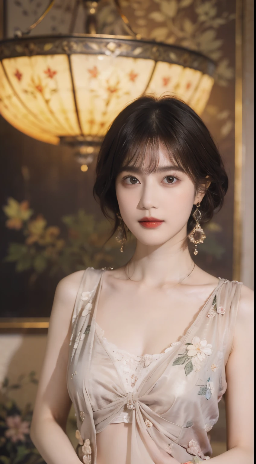 117
(20 year old woman,stand), (surrealism), (High level image quality), ((Beautiful Hairstyle 46)), ((Short hair)), (soft smile), (chest:1.1), (lipstick), (floral pattern), (Light and Darkness), (rembrandt painting), (Luxurious rooms), 큰 chest, whole body