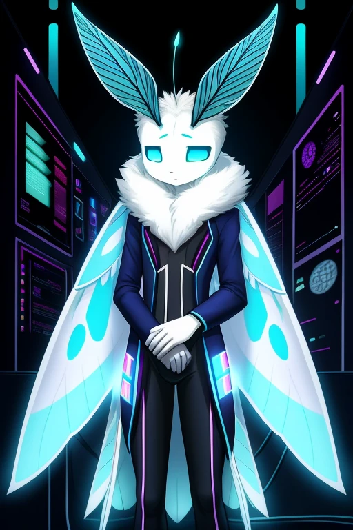 1 anthro moth, with screens for eyes with lines of codes running through them, a very thin body with long arms and legs, wearing a three piece suit and a fur coat, with big bright cyan lunar moth wings, technology, sad expression, pityful expression, tired expression, cyberpunk aesthetic, furry, moth antenna, mothwings,
