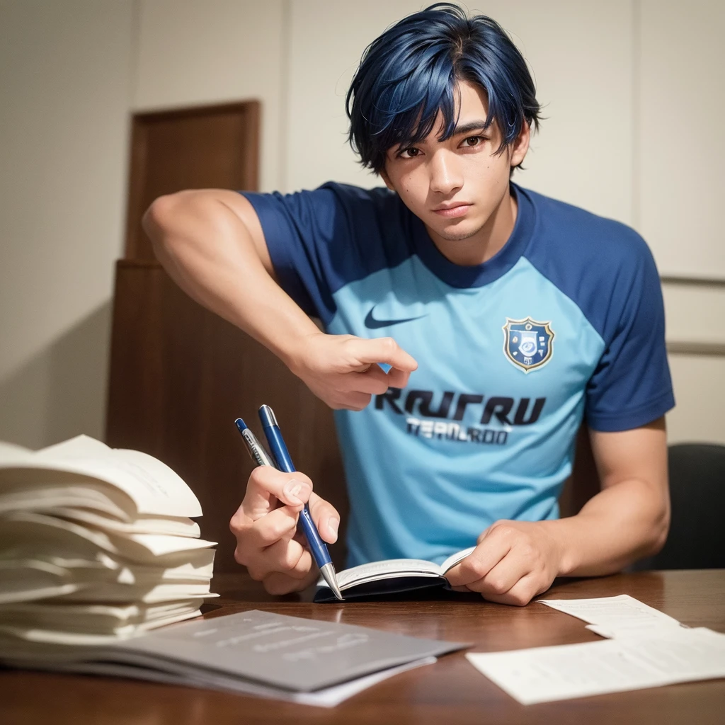 Young promise of Brazilian football, signing a million-dollar contract with Clube de Regatas do Flamengo, looking directly at the camera, to record a beautiful image of the contract signing, He has a pen in his hand signing the contract on the table. He has blue hair and a blue beard.