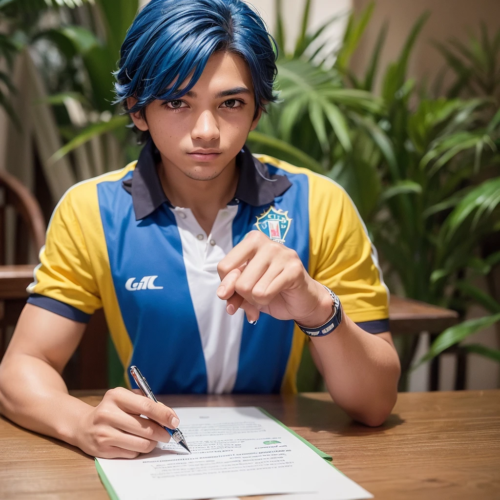 Young promise of Brazilian football, signing a million-dollar contract with Clube de Regatas do Flamengo, looking directly at the camera, to record a beautiful image of the contract signing, He has a pen in his hand signing the contract on the table. He has blue hair and a blue beard.