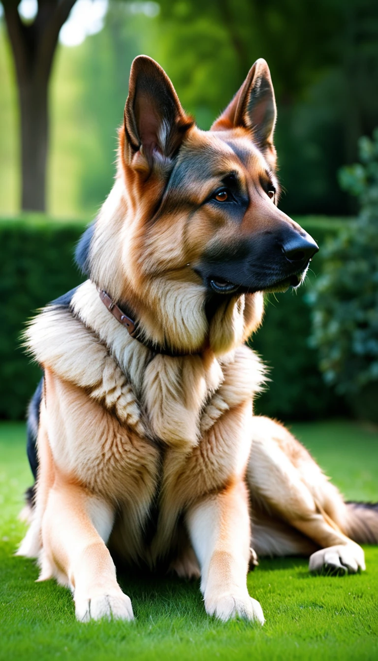 There is no one, realistic photo, photo realism, realism, german shepherd (German Shepherd), perfect composition, intricate details, Very sharp, masterpiece, profile, high resolution, looking at the viewer, Full body photo in garden background