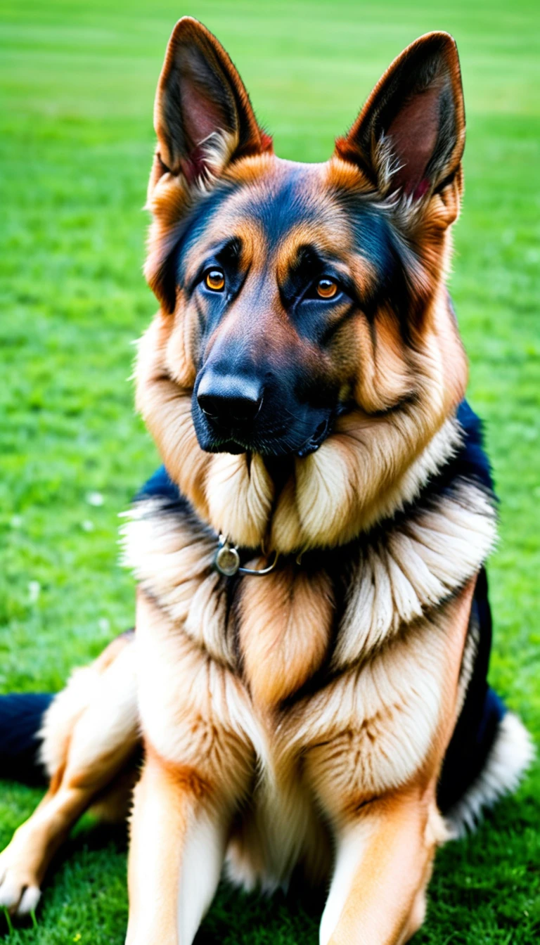 There is no one, realistic photo, photo realism, realism, german shepherd (German Shepherd), perfect composition, intricate details, Very sharp, masterpiece, profile, high resolution, looking at the viewer, Full body photo in garden background