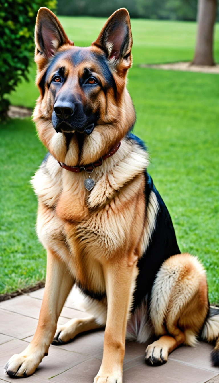 There is no one, realistic photo, photo realism, realism, german shepherd (German Shepherd), perfect composition, intricate details, Very sharp, masterpiece, profile, high resolution, looking at the viewer, Full body photo in garden background