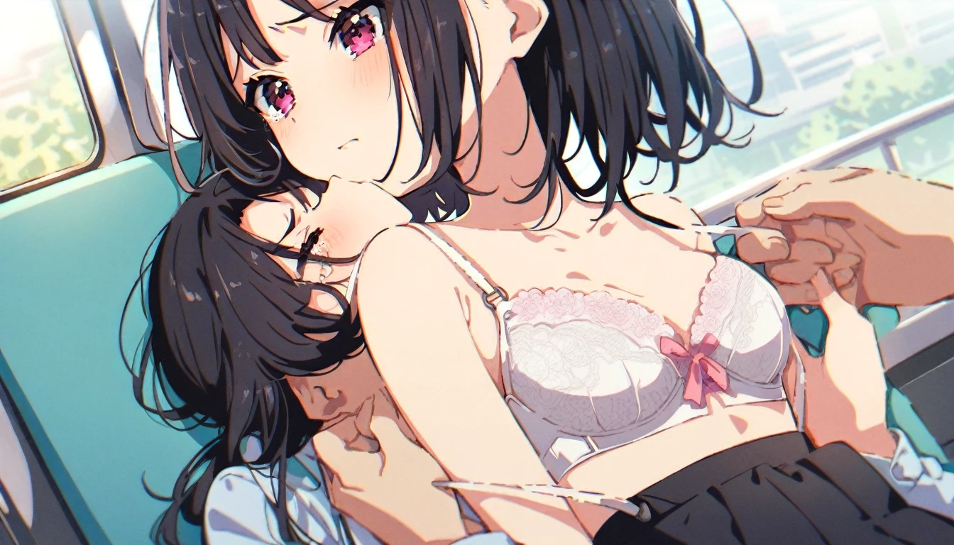 A girl with short black hair and small breasts has her black skirt and floral bra unhooked on a train, and a molester is massaging her breasts under the floral bra with both hands, causing her to cry in disgust.