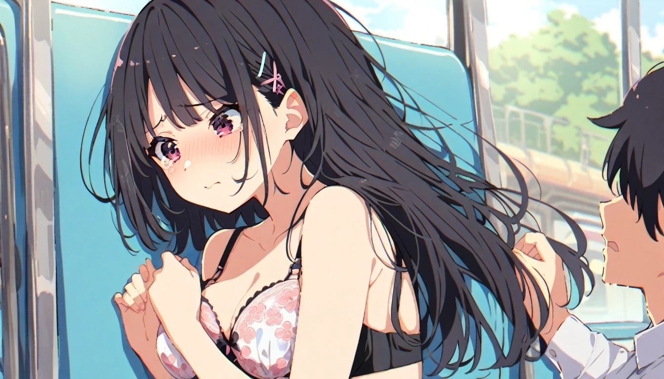 A girl with short black hair and small has her black skirt and floral bra unhooked on a train, and a molesteassaging her breasts underoral bra with both hands, causing her to cry in disgust.
