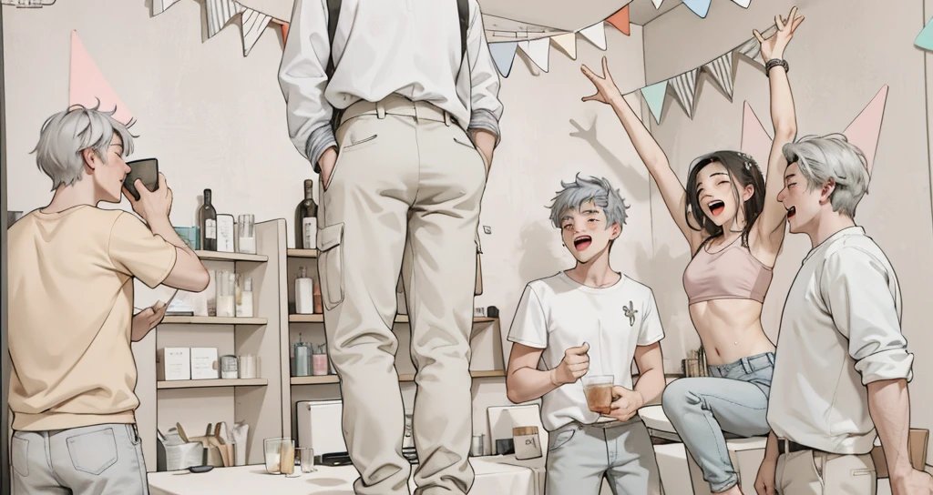 the boy at the table is dancing men and women are cousins they are 20 years old gray hair he is partying 18 years old at a party they are happy