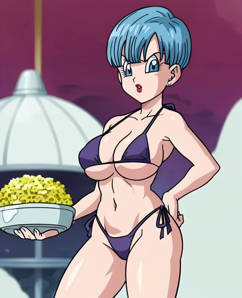 Old Bulma grunge style, bikini, hot tub, masive breasts, topless, nipples, smiling. textured, distressed, old, tense, punk rock vibe, dirty, loud