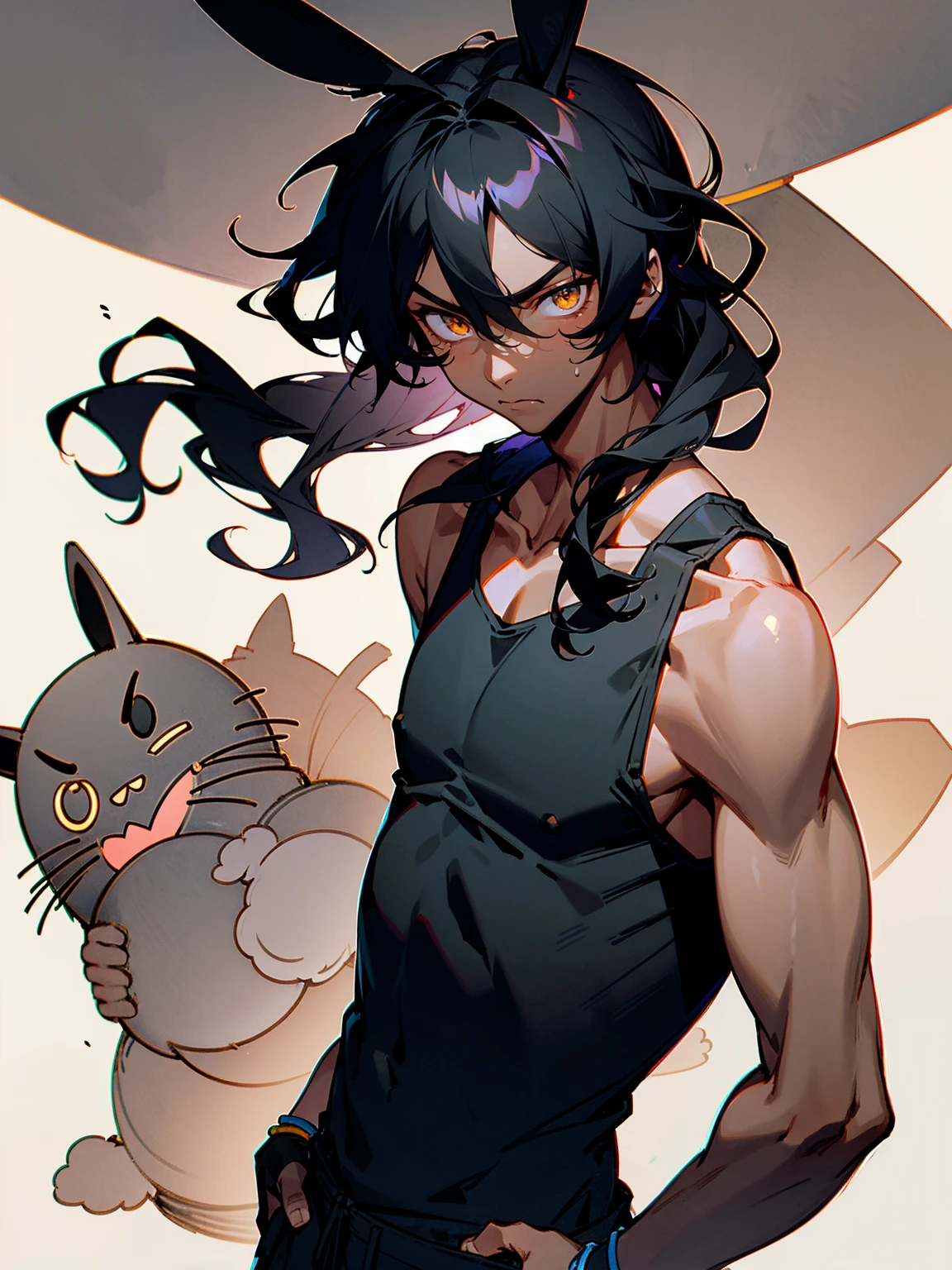 1male, dark skin, black hair, wavy middle parted hair, rabbit ears, lean build, tank top, tied to waist, bracelets, grey sweatpants, Japanese school, serious expression