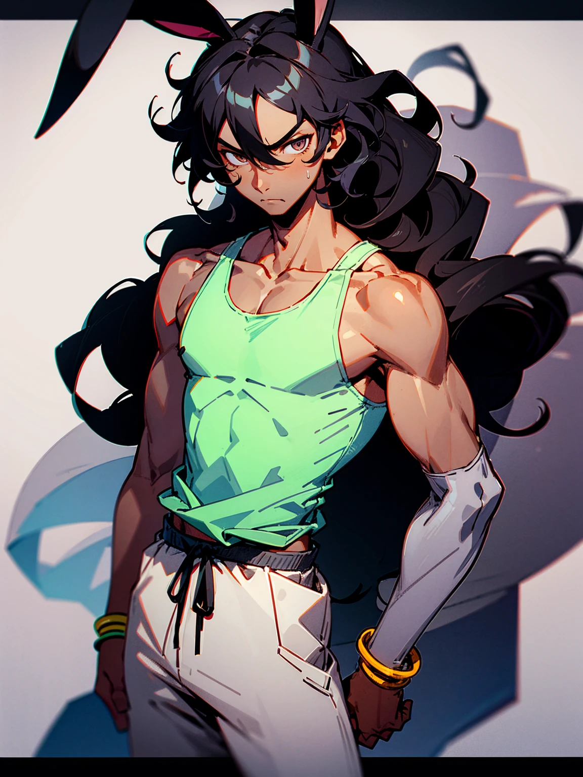 1male, dark skin, black hair, wavy middle parted hair, rabbit ears, lean build, tank top, tied to waist, bracelets, grey sweatpants, Japanese school, serious expression 