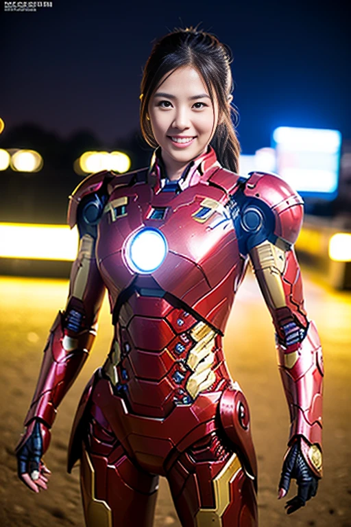 (a gorgeous lady, in Iron Man MK 7 Suit, md mecha, natural pose under night sky, dimpled shy smile, short ponytail, cute snaggleooth, beautiful detailed eyes, beautiful detailed face, photorealistic, hyper-realism, high contrast, ultra HD, realistic skin textures, top image quality, top-quality, super high resolution, fine details, very meticulously, the Cowboy shot, bokeh background)