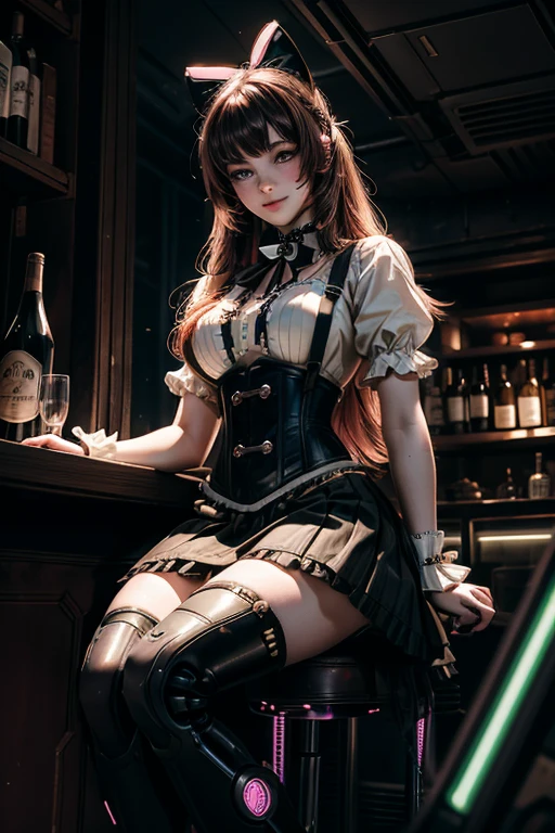 cowboy shot,  smile,  underbust, Penny Polendina, long hair, neck ribbon, suspender skirt, corset, black bow, white blouse, mechanical legs, neon trim, indoors, sitting in cyberpunk wine bar, crowd, (crowd wearing cyberpunk fashion)

