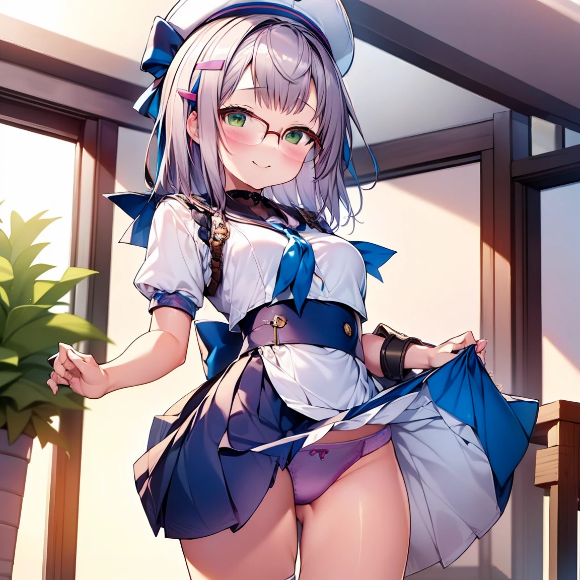 8K、masterpiece、Japanese、Woman wearing glasses、Neon(nod)、from the front、smile、Childish、Small breasts、See-through underwear、night、Bedroom、Show your underwear、mini skirt