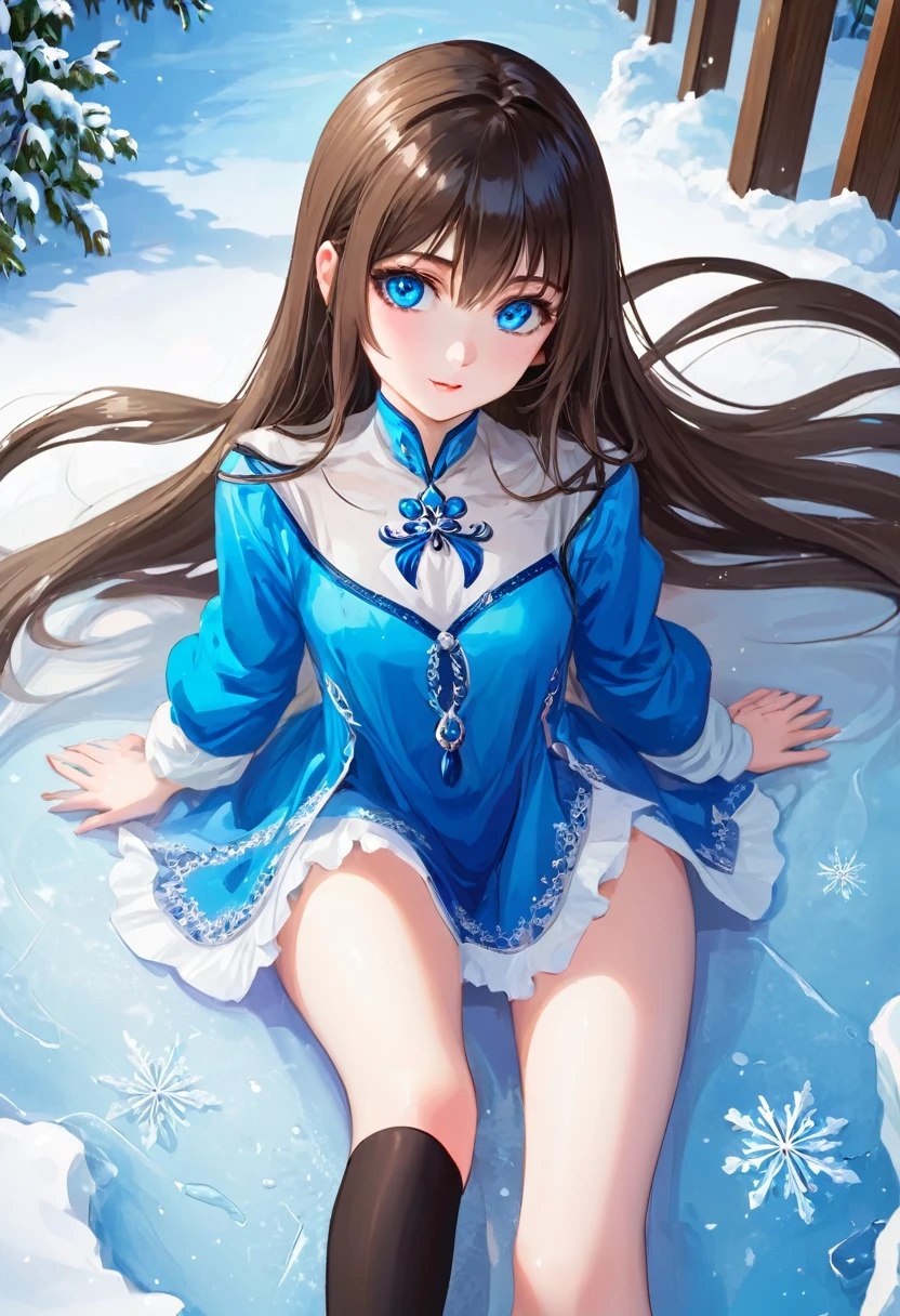 best qualityer, high qualiy, a beautiful girl, alone, beautiful long hair, gorgeous blue eyes, charmer smile, skin fair, legs spread open.18+, icy, No sensitivity,