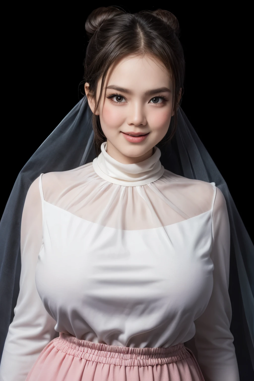 adorable, 1 girl, (face to face), , baby face, happy, half body portrait, (face details: 1), (eye details:1), ((big breasts)). wearing transparent transparency long shirt, .. Cute posed. proportional body. Ultra High Res. realistic: 1.4, UHD, (Long Bun Hairstyle)