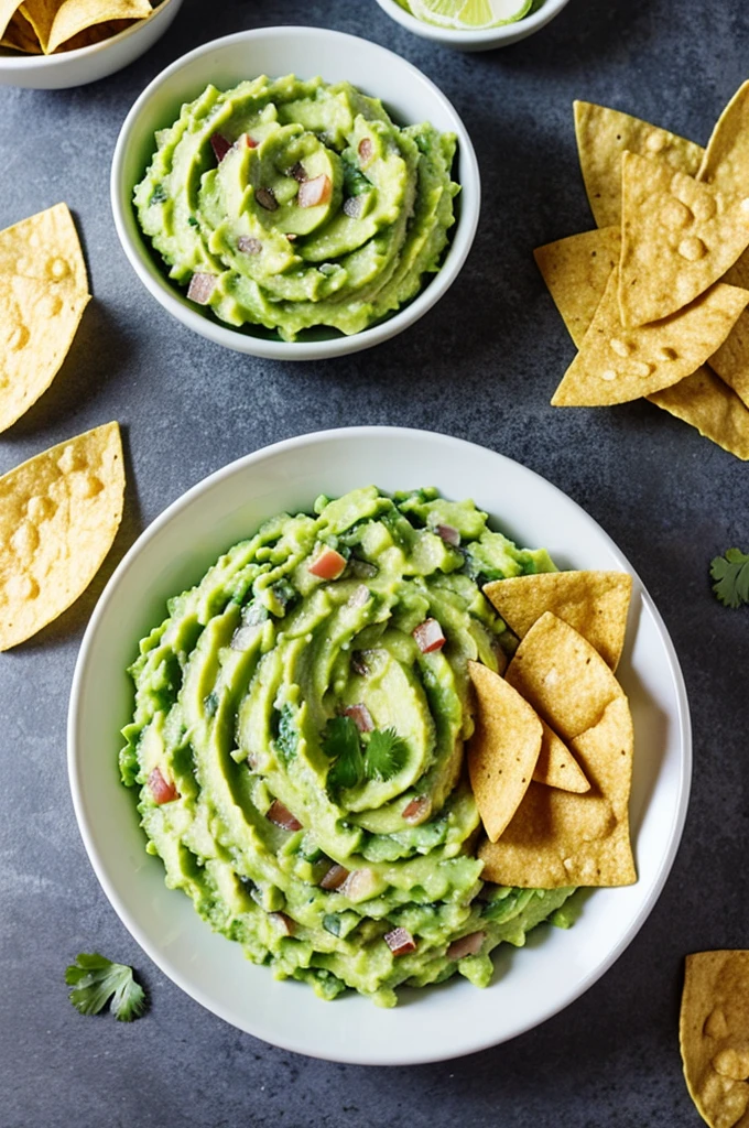 I create a modern guacamole plating with tortilla chips.