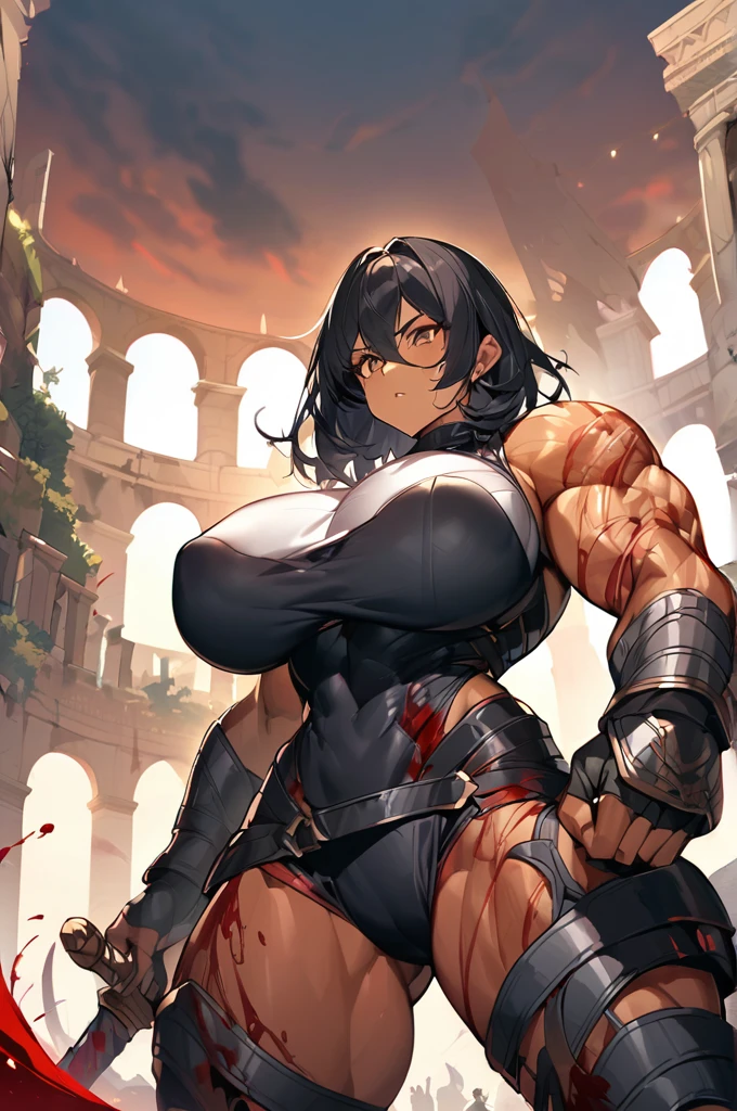Tall, muscular woman with muscles full of veins marking her clothes, black hair, olive skin, huge breasts, wearing very short gladiator combat attire, holding a long sword, Coliseum background with lots of blood and dead beings