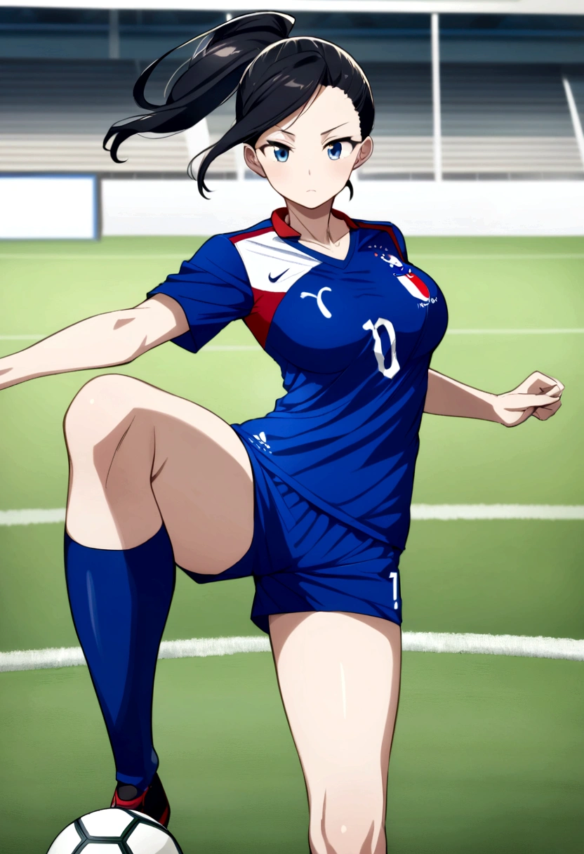 (anime ,2D) a female soccer player of average height ,clear skin,thin face ,blue eyes,waist-length black hair ,white bangs,collected in a ponytail,Skinny body,big breasts,small waist, France national team uniform, In a soccer field ,kicking a ball with a super light technique