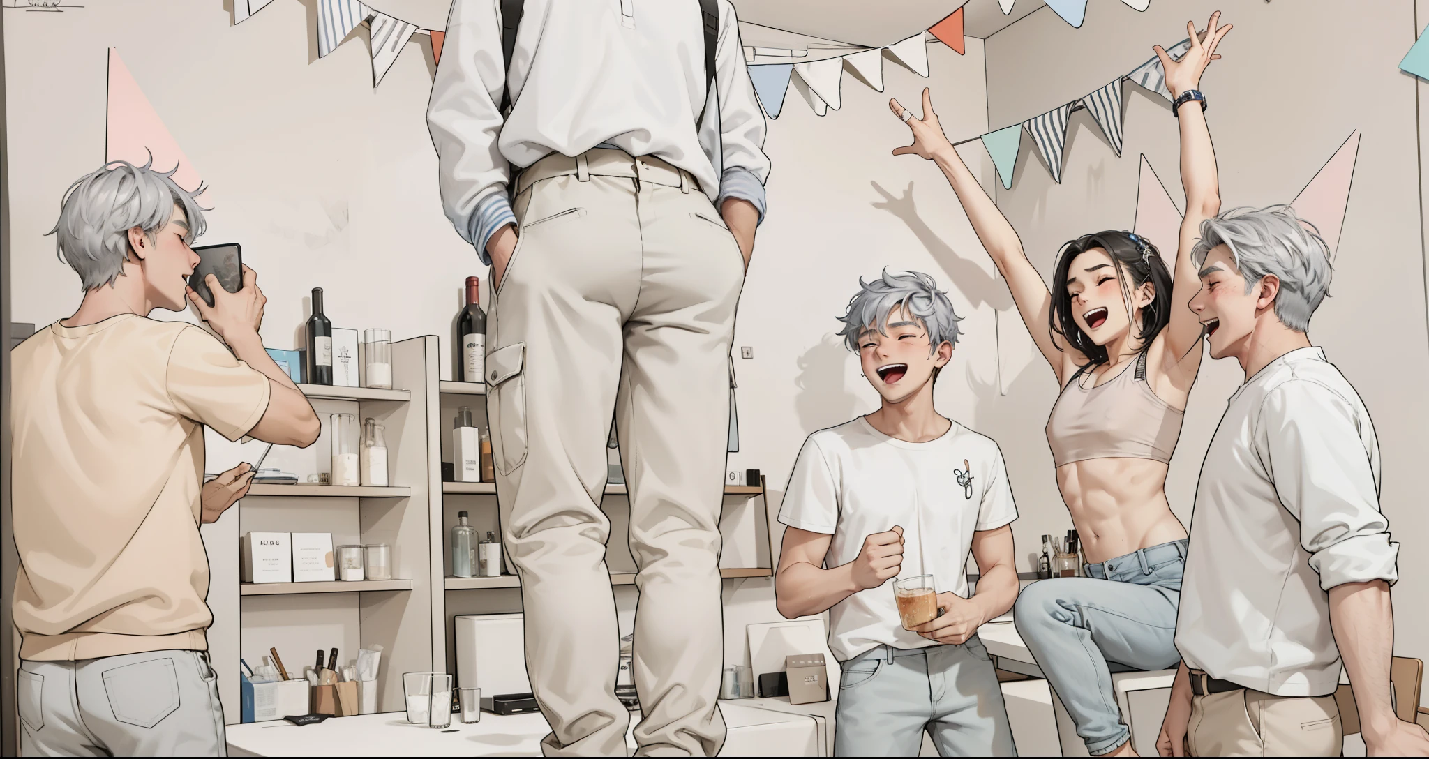 the boy at the table is dancing men and women are cousins they are 20 years old gray hair he is partying 18 years old at a party they are happy