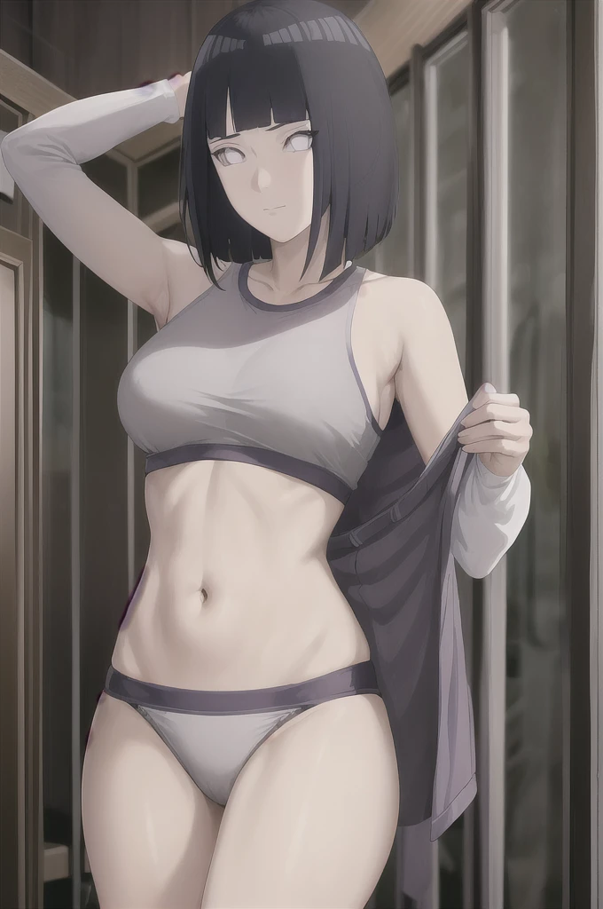 masterpiece, absurdres , (intricate details), (colorful),cinematic lighting,bust shot,extremely detailed CG unity 8k wallpaper ,hinata\(boruto\), 1girl, solo,mature female, arm up, looking at viewer, sports bra, locker room,cowboy shot,