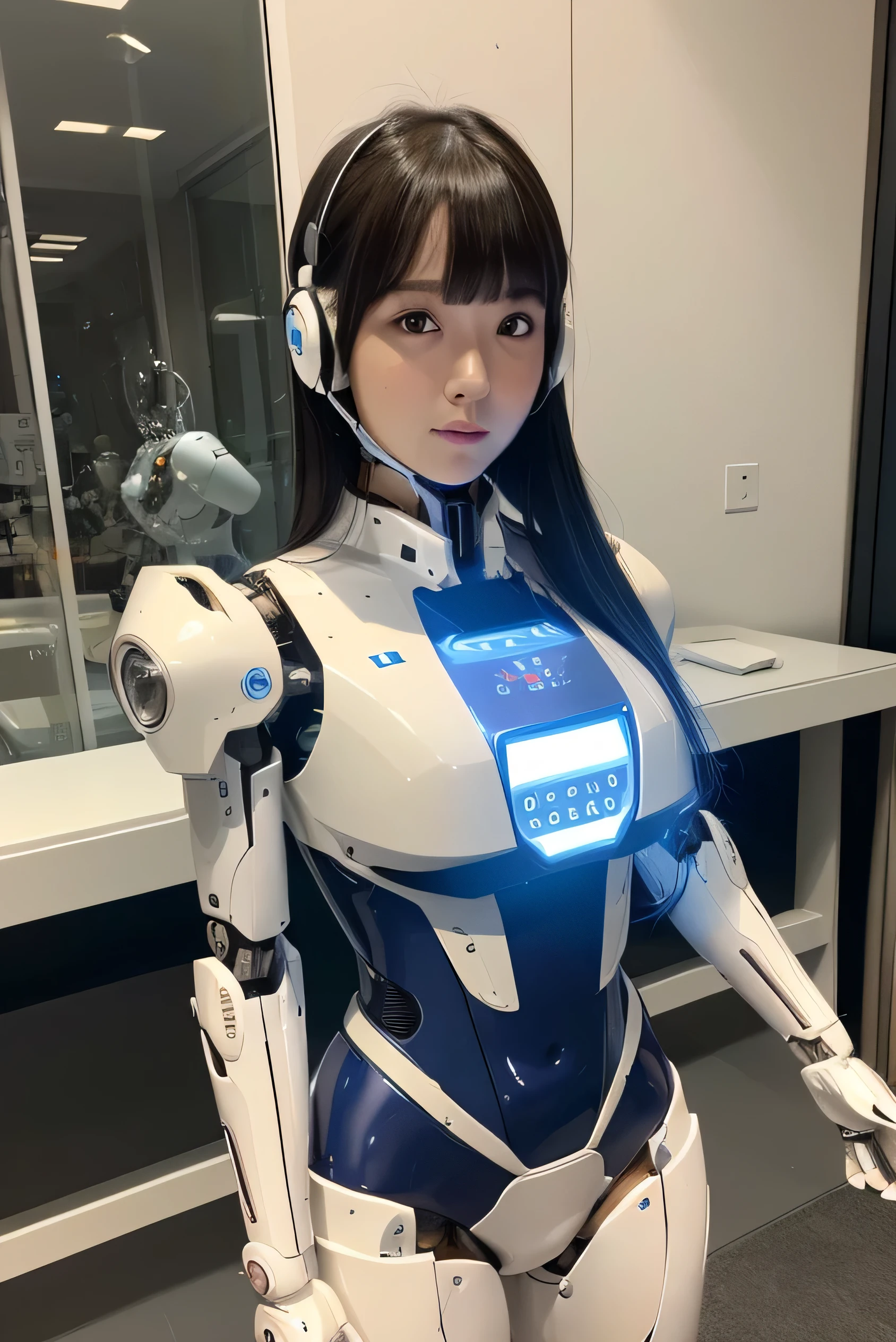 (Photorealistic:1.4), (Raw photo)masutepiece, Best Quality, Extremely detailed, (Photorealistic:1.4), (8K, 4K, Best Quality, hight resolution, 超A high resolution:1.1), 8K Portrait,1girl in, Japanese android girl,Plump , announcer,control panels,android,Droid,Mechanical Hand, ,Robot arms and legs, Black hair,Mechanical body,Blunt bangs,White Robotics Parts,perfect robot woman,Charging spot,Long Tube,A thick cable was connected to his neck.,ceramic body ,Mechanical body, mechanical ear covers,android,robot humanoid,a bit  Chubby,pantiy,complete eyes,Perfect machine body,White robot body,The laboratory of the future,android factory,mechanical ear covers,White and light blue uniform,light blue accent costume,