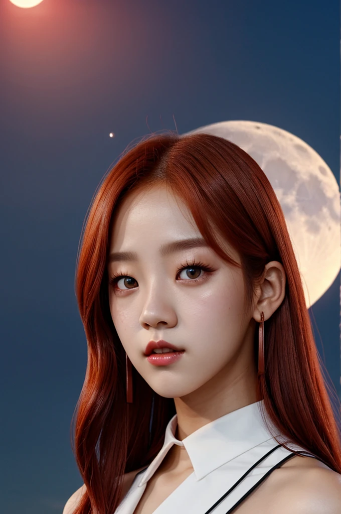 Jisoo from Blackpink, with gray eyes, copper hair, Red lips, with a moon background