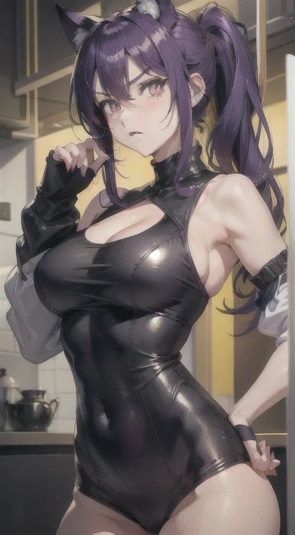 Adult women, Dark purple hair, Low Ponytail, Golden Eyes, Cat ears, Killer Form, sleeveless, anger, masterpiece, high quality