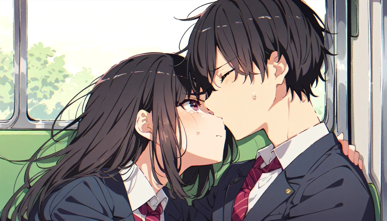 A girl with short black hair and small breasts in a blazer uniform is forced to kiss a man on a train and cries in disgust.