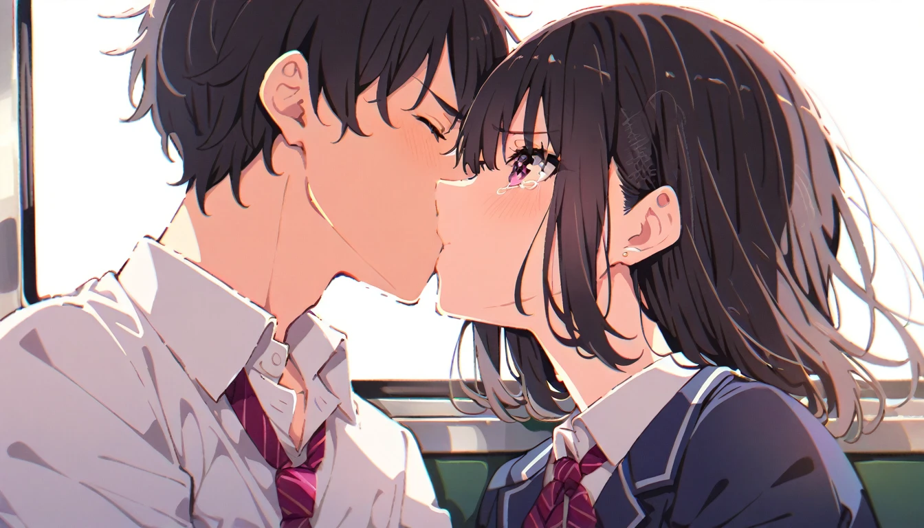 A girl with short black hair and small breasts in a blazer uniform is forced to kiss a man on a train and cries in disgust.