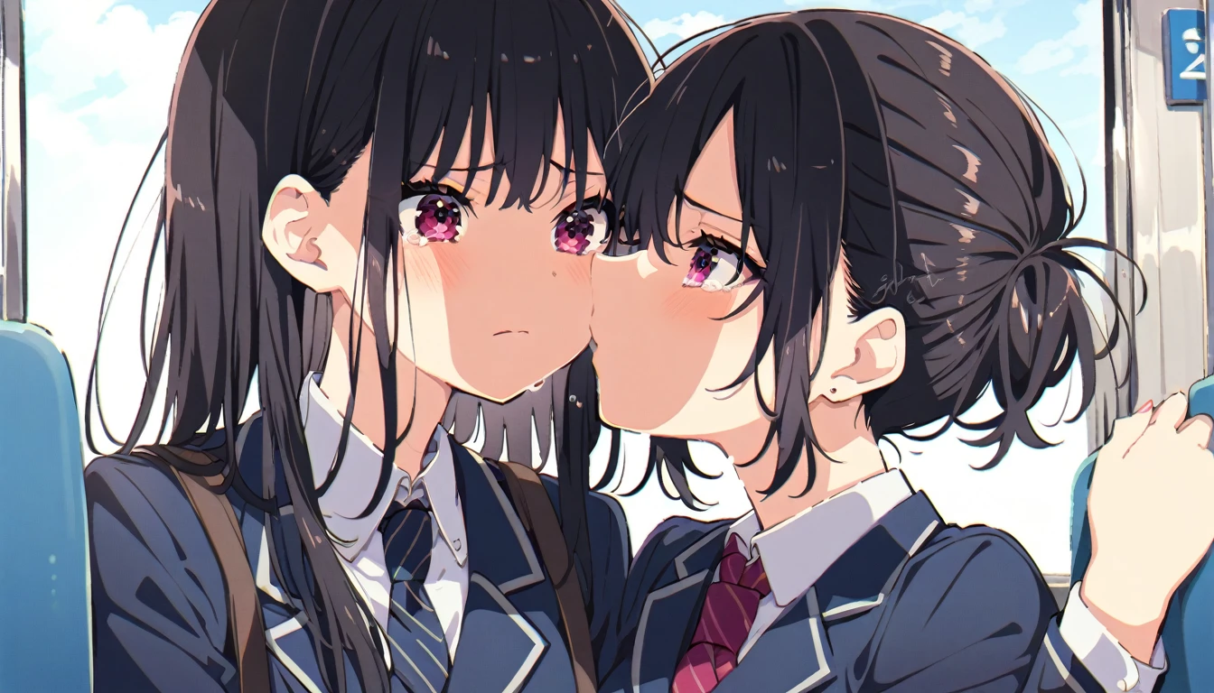 A girl with short black hair and small breasts in a blazer uniform is forced to kiss a man on a train and cries in disgust.