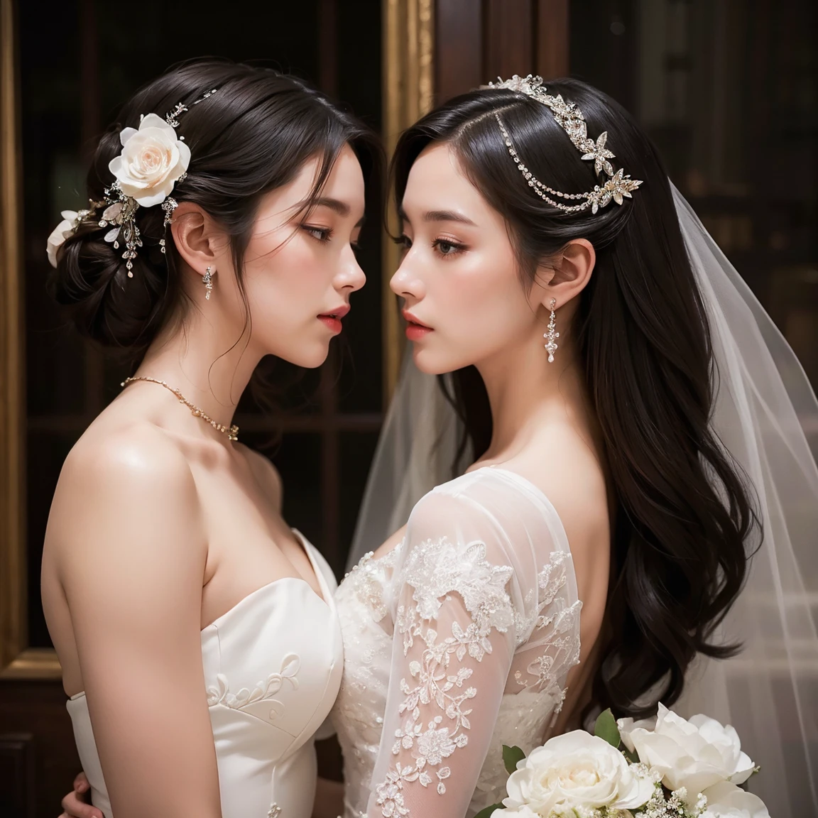 (masterpiece, highest quality, official art, beauty and aesthetic), two stunning bride is deeply in love with each other, kiss