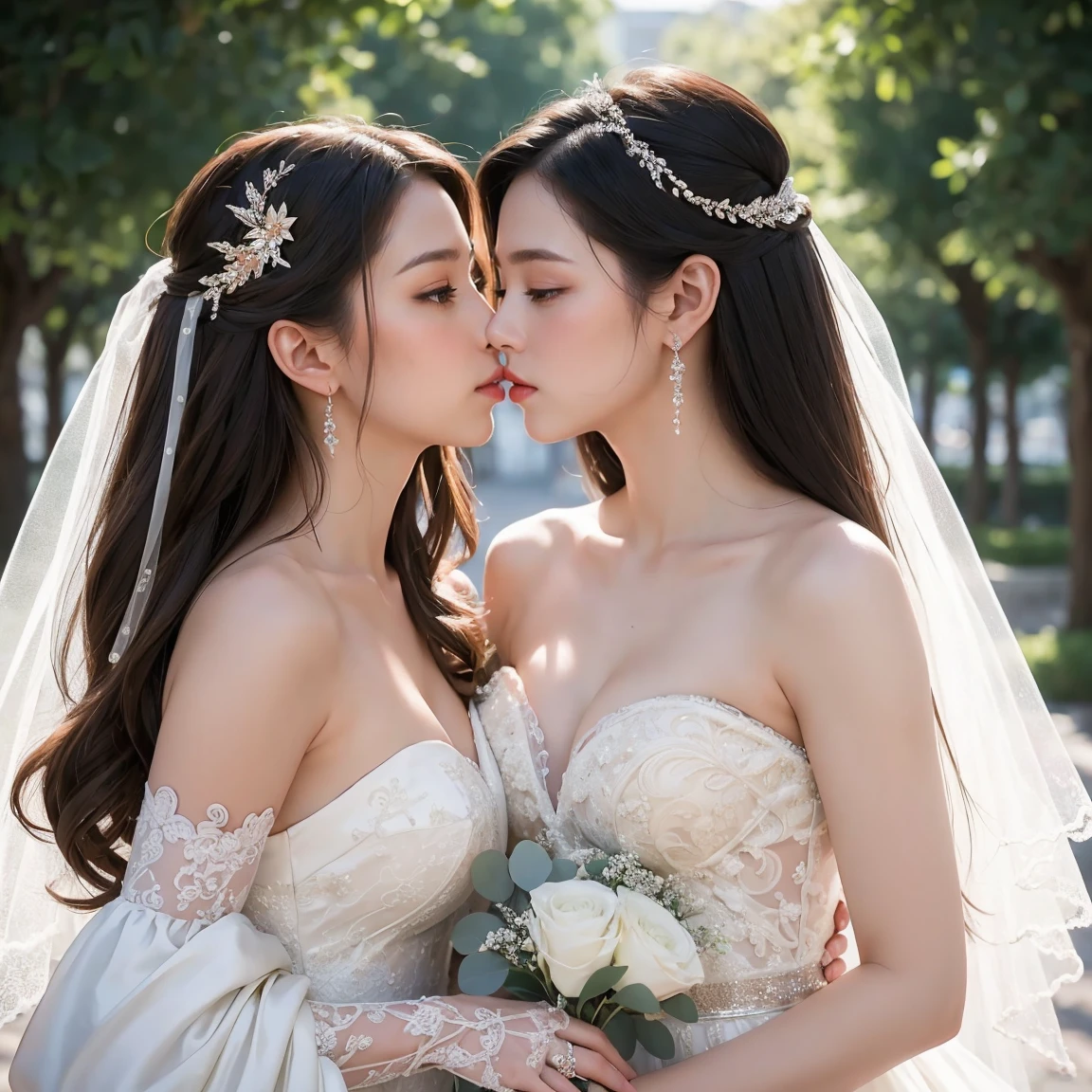 (masterpiece, highest quality, official art, beauty and aesthetic), two stunning bride is deeply in love with each other, kiss