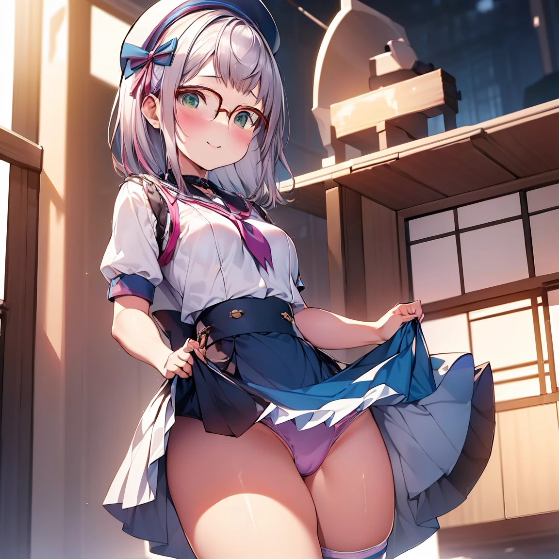 8K、masterpiece、Japanese、Woman wearing glasses、Neon(nod)、from the front、smile、ish、Small breasthrough underwear、night、Bedroom、Show your underwear、mini skirt