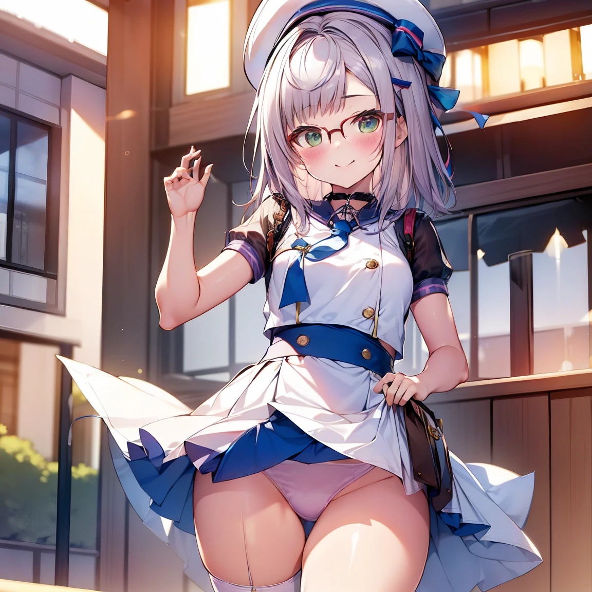 8K、masterpiece、Japanese、Woman wearing glasses、Neon(nod)、from the front、smile、Childish、Small breasts、See-through underwear、night、Bedroom、Show your underwear、mini skirt