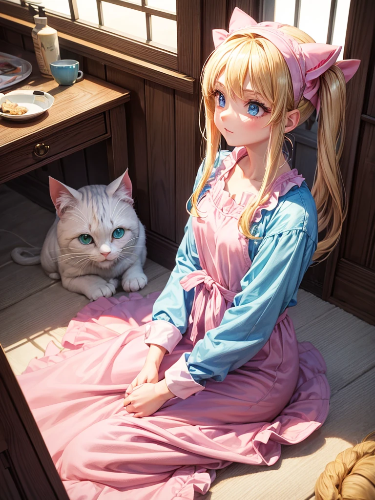 An adult girl with bright blonde hair, hairstyle in two low pigtails with pink ribbons, and blue eyes full of curiosity. Designed in the style of Dragon Ball Z, She wears a pink jumpsuit dress and a matching hat.. Sitting in her cozy room, next to his white cat with green eyes. The cat, snuggled and calm, He looks at her with affection and curiosity.. The scene highlights the warmth of her room and the connection between the girl and her cat..