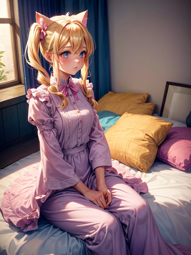 hyperrealistic 14 year old american , blonde, perfect tiny body, sexy, dark makeup, perfect slim face, big red lips, very cute face, tiny body, big eyes, young looking, childish looking, two piece pink pijama, two ponytails, no nsfw