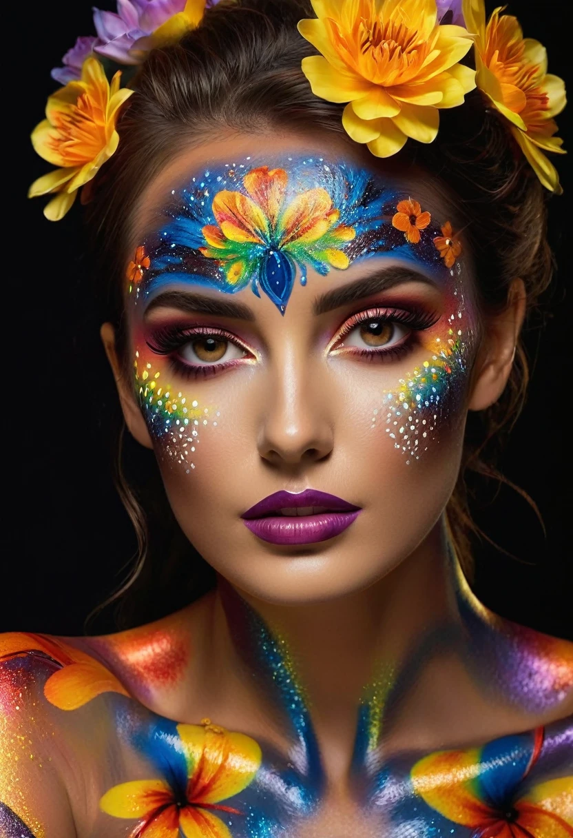 photorealistic realism in 16K quality, ((dressed on body paint:1.33)), ((model shows off glowing body paint, the paint covers her private parts body in a vivid artistic display, glowing texture (body paint in flower piles: 1.2))), best high quality real textured skin, (perfect composition), ((creative spring flowers uv portrait glowing body painting: 1.33)), ((fluorescent flower clusters printed on her skin)), (beautiful slim and sharp face), ((Hyper absurd details of realistic , perfectly round brown eyes: 1.3 in hyper absurd quality and resolution)), (light pale complexion), (Hyperrealistic sharp eyes, clear absurd quality, not blurry)), ((fine detailed pupils: 1.4) ), (Perfect makeup: 1.2), ((Beautiful girl with long legs and good style:1.3)), ((firm and full breasts)), (dynamic pose:1.25), (cowboy shot),