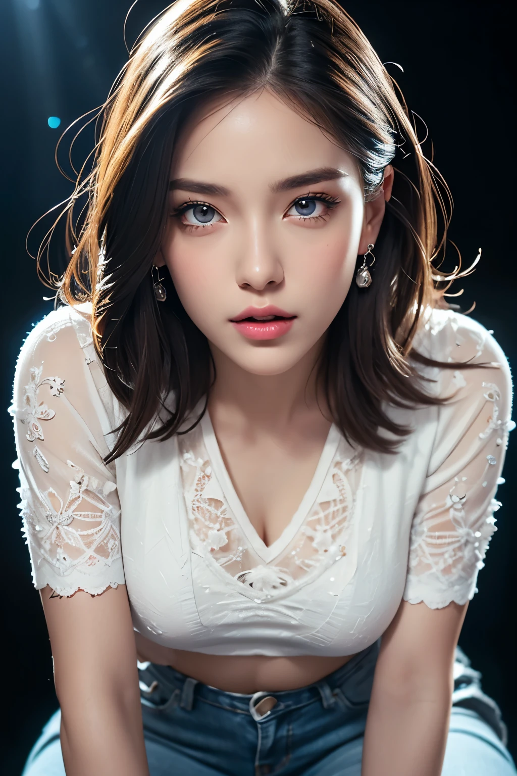 A woman in tight blue jeans, thick legs, sexy and wearing white sneakers, highly detailed, photorealistic, beautiful detailed eyes, beautiful detailed lips, extremely detailed face and eyes, long eyelashes, dynamic pose, intricate clothing folds, studio lighting, color grading, cinematic composition, vibrant colors, sharp focus