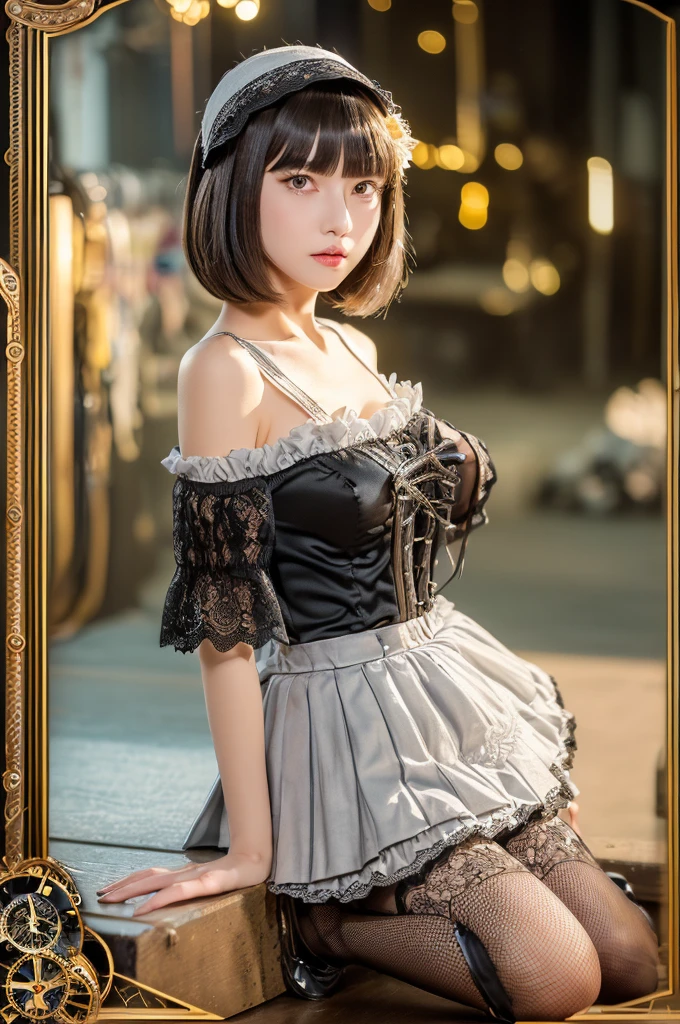 (((Tabletop, Highest quality))), 1 female, (((Very thin body))) , (((length, Thin legs))), (((short black bob, Thick and fluffy bangs ))), (((Highly detailed face))), cosmetically, Small, thin nose, small thin mouth, (((Very sharp focused eyes))), Large slit-shaped, precise pale grey eyes, Shining like a jewel, length eyelashes, ((Highly decorative and complex mechanical steampunk fashion, Lace flare skirt, Above-the-knee lace stockings, Lace Off Shoulder ta Fashion, Overly decorative fashion)), Abandoned Night, Exquisitely mechanized steampunk factory catches fire and explodes, (((Overall accuracy has been significantly improved, Create highly detailed and realistic images))), Ultra-realistic photos.