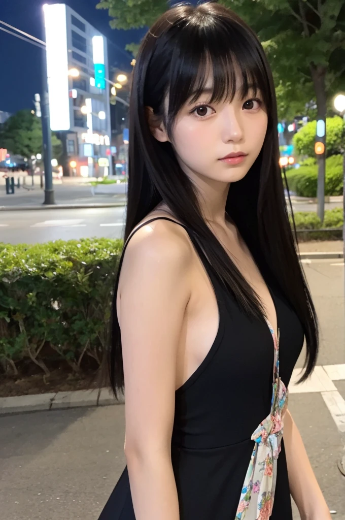 A Japanese girl in her twenties、With bangs,Black long hair,Night Park,Wearing a one-piece dress