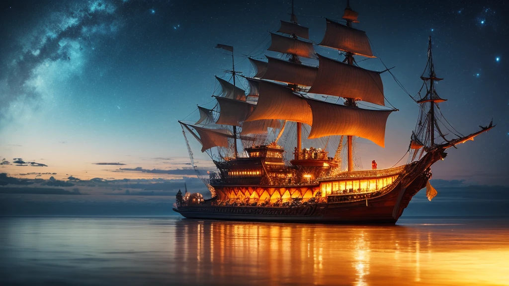 Pirate ship floating on the sea at night、inflammation、port