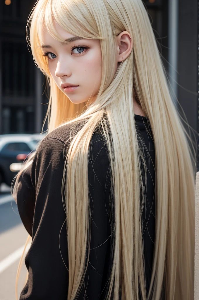 long and blonde hair, eyes black, Caucasian skin, Asian, 19yearsold, PICTURE REALISTIC