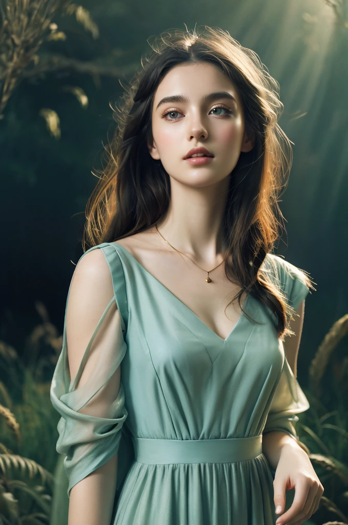 ( masterpiece, top quality, best quality,8k,17 years old girl,ultra detailed,raw photo:1.5),(photorealistic:1.4), (cinematic lighting), PerfectNwsjMajic, , Surrealism, UHD, ccurate, Super detail, textured skin, High detail, Best quality, dynamic angle, White skin,[Beautiful blue eyes], high nose,[flat chest:large breasts:0.5],(1girl),(good anatomy:0.5)), Dreamy atmosphere, Dark,expressive brush strokes, mystical ambiance, Artistic interpretation, Stunning Studio Ghibli style costumes, a whimsical illustration, Subtle colors and tones, mystical aura, jewelry ,sparkling, hairstyles