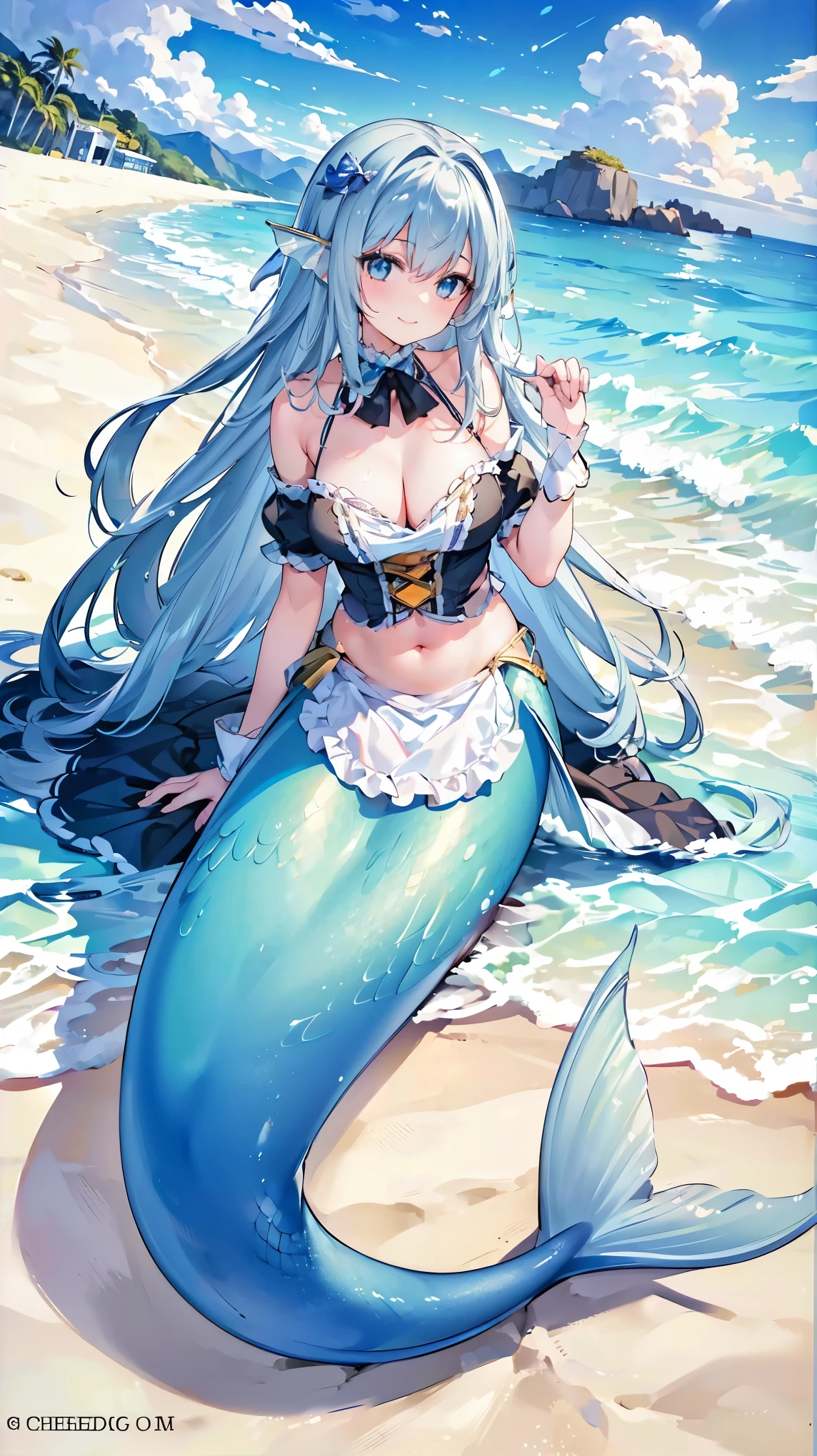 (masterpiece, best quality),(perfect five fingers,Four fingers and a thumb in optimal proportions),A young girl,(Exquisite eyes),Large Breasts,Mermaid,Long hair,maid,Silky hair,sweet smile,Maid costume,lying on a beach,full-body shot,Sea view