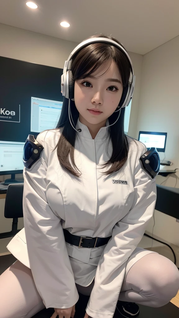 best quality, table top, high resolution, (realistic:1.4), raw image, 1 girl comes in,
table top, best quality, very detailed,Japanese cyborg girl,full body image ,Plump , white boots,Announcer,Headphone headset,control panel,Activate,squat,robot,,mechanical hand,robesสีขาว, suit,tight_robes,Medium bust,Bokeh,robesที่ให้ความรู้สึกถึงเทคโนโลยีเครื่องจักรกล, แขนและขาrobot, ชิ้นส่วนrobotสีดำ